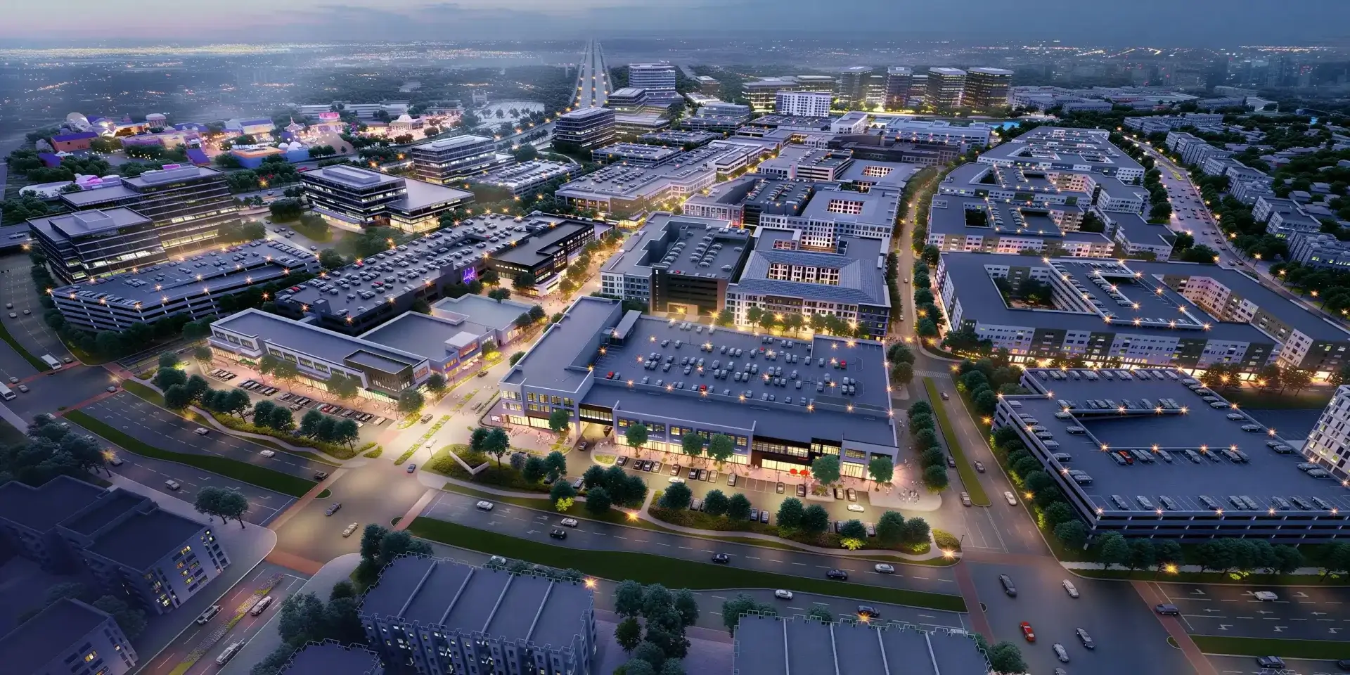 Nighttime aerial rendering of the Fields West district near Wentwood Fields West apartments in Frisco TX