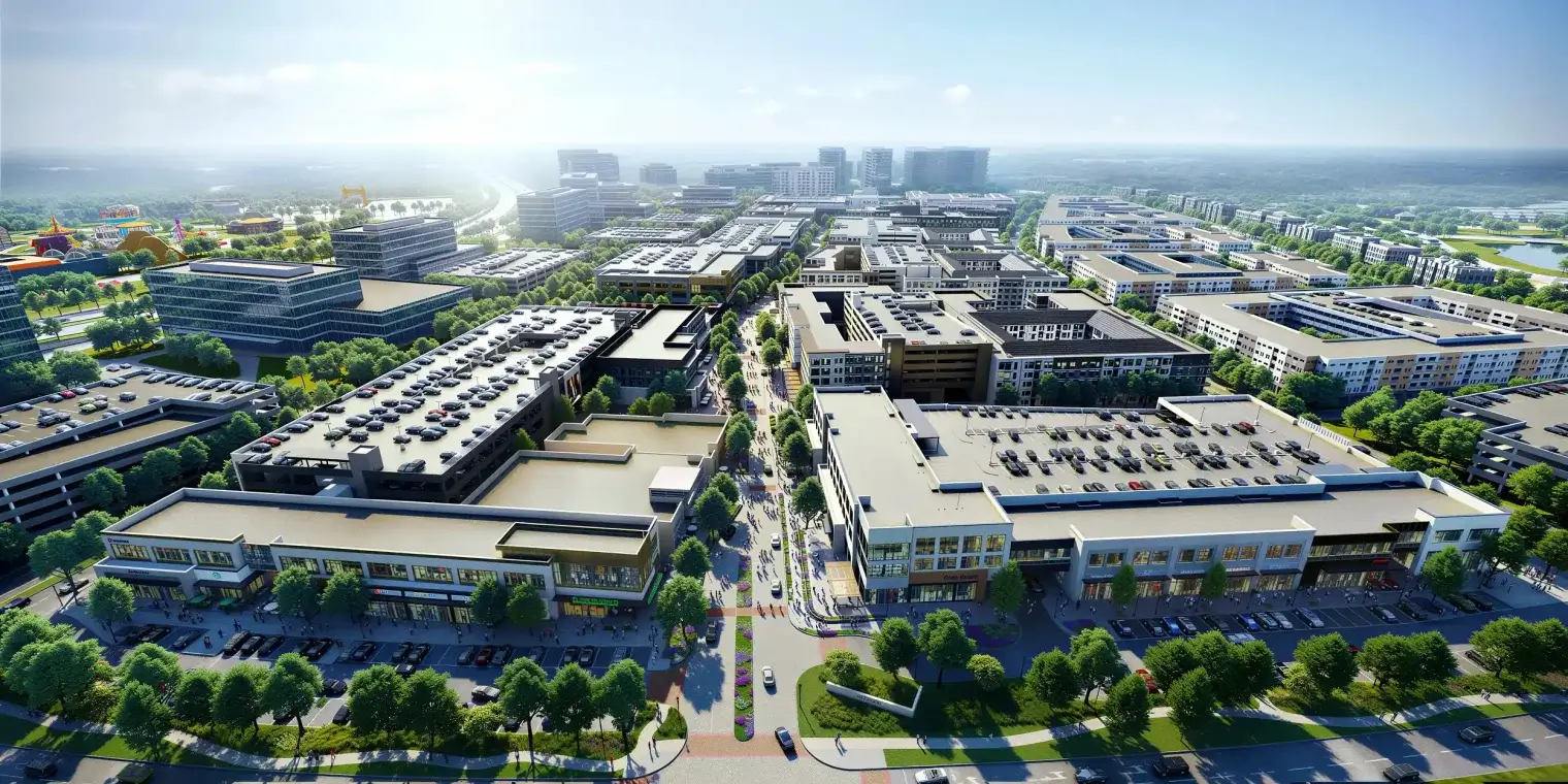 Aerial rendering of Fields West retail, dining, offices, and residential areas in Frisco TX