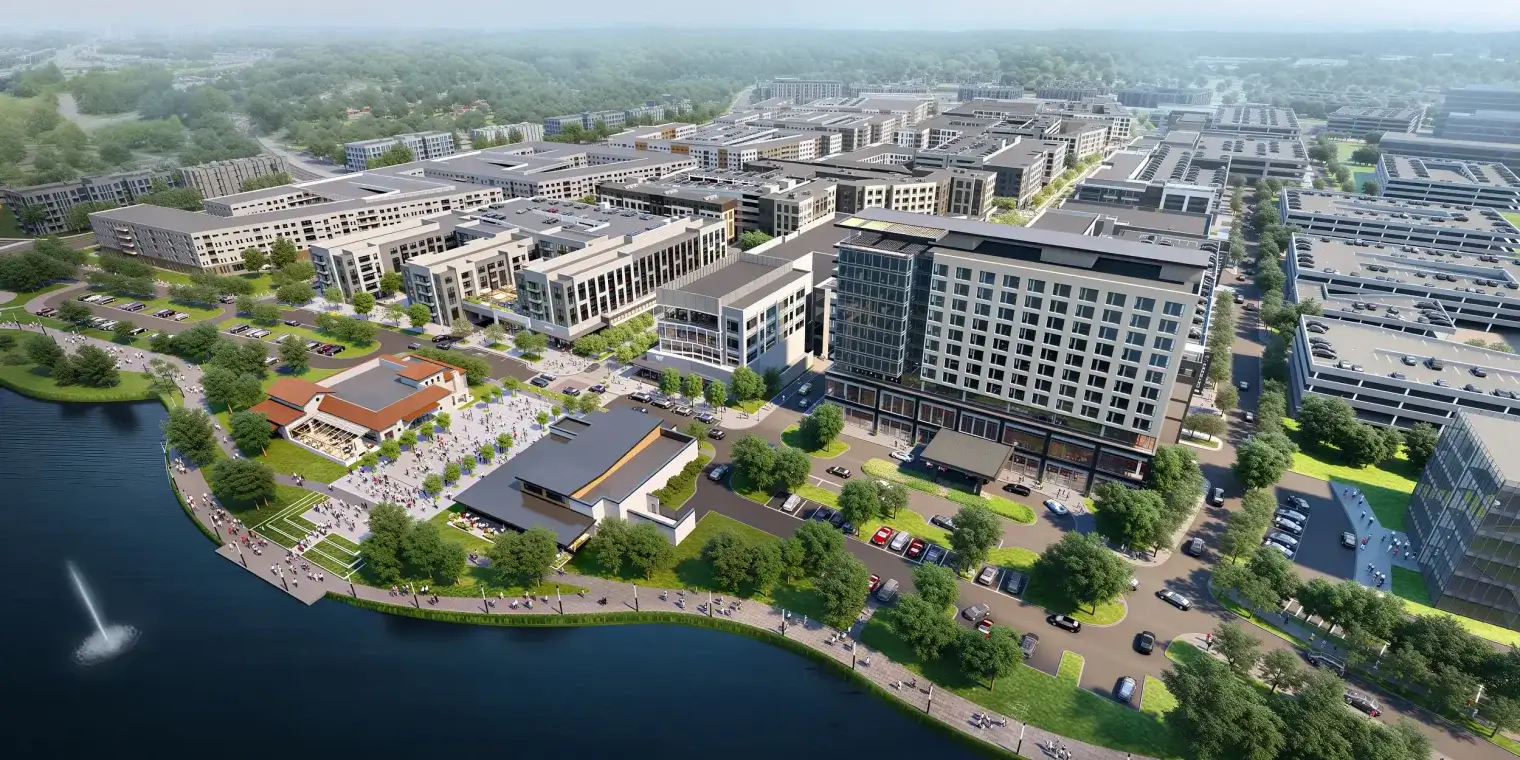 Fields West development with waterfront gathering spaces near Wentwood Fields West in Frisco TX